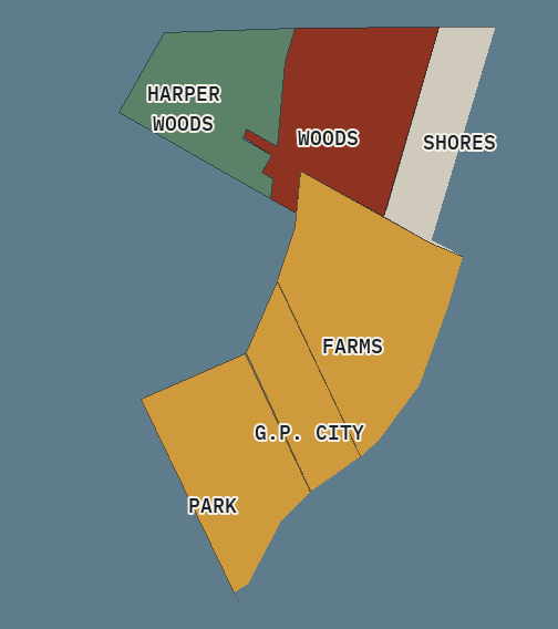 Close-up map of the five Grosse Pointes and Harper Woods: Grosse Pointe Woods red for citywide combined, Grosse Pointe Farms, the City of Grosse Pointe, and Grosse Pointe Park amber for combined in part, Grosse Pointe Shores gray for not yet classified, Harper Woods green for separation documented